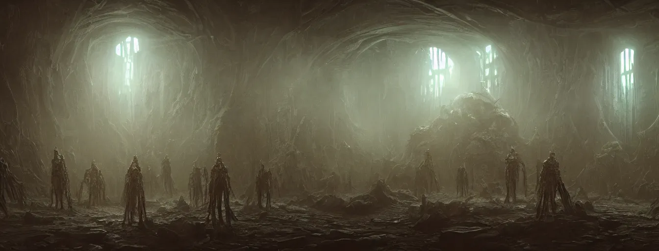 Image similar to scorn themed dark sci - fi biomechanical space ship interior, inside the torture chamber, undead alien guard figures, ethereal, ominous, dramatic cinematic lighting, volumetric 8 k, cryengine, by greg rutkowski, h. r. giger and zdizslaw beksinski, elden ring