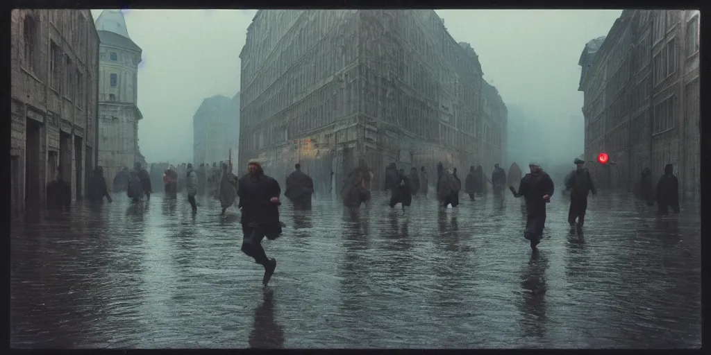 Prompt: detailed medium format photo, polaroid still from tarkovsky movie, people running on wet street by buildings in city, haze, high production value, intricate details, 8 k resolution, hyperrealistic, hdr, photorealistic, high definition, technicolor, award - winning photography, masterpiece, amazing colors