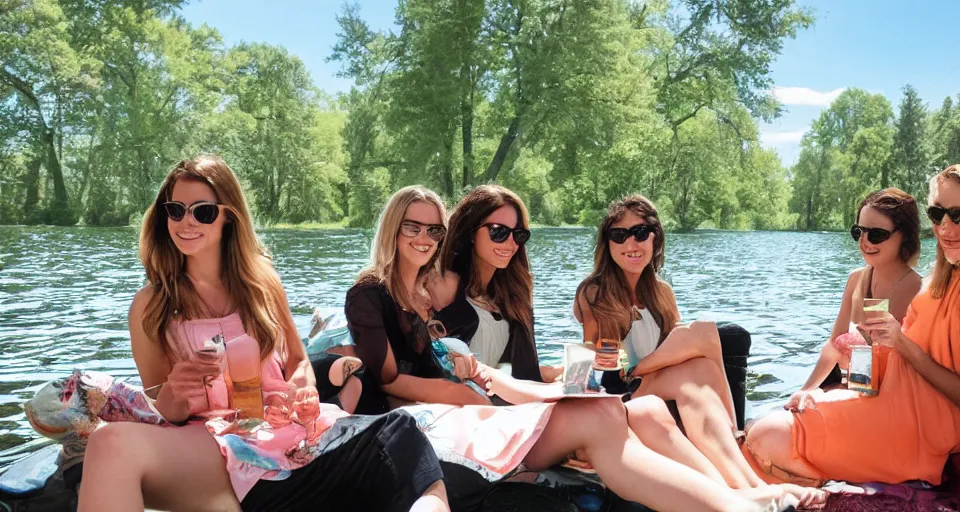 Image similar to storyboard of girls weekend on a lake, mimosas