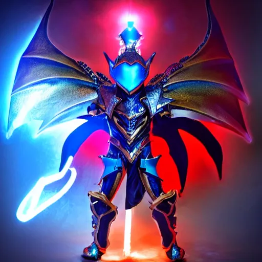 Image similar to High Fantasy Dragon Kamen Rider, blue armor with red secondary color, 4k, glowing eyes in helmet, daytime, chainmail, rubber suit,