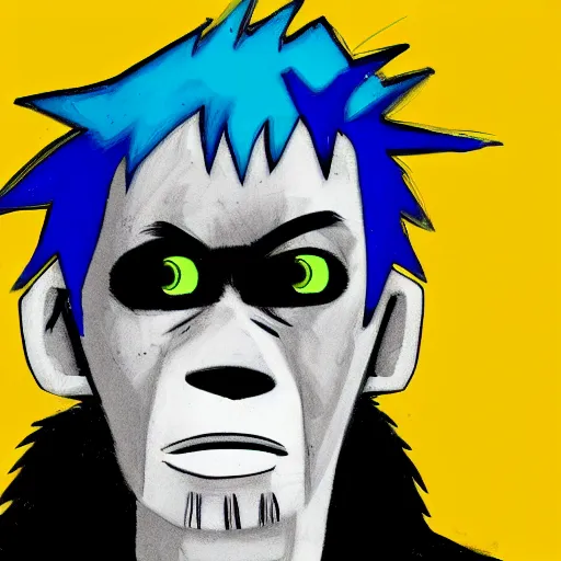 Image similar to a man with messy blue hair and all - black eyes, portrait, gorillaz style, jamie hewlett