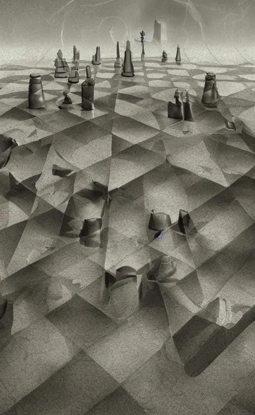 Image similar to surreal dali chess landscape, 3d liminal grainy aesthetic illustration, highly detailed, soft render, volumetric lighting, early morning,