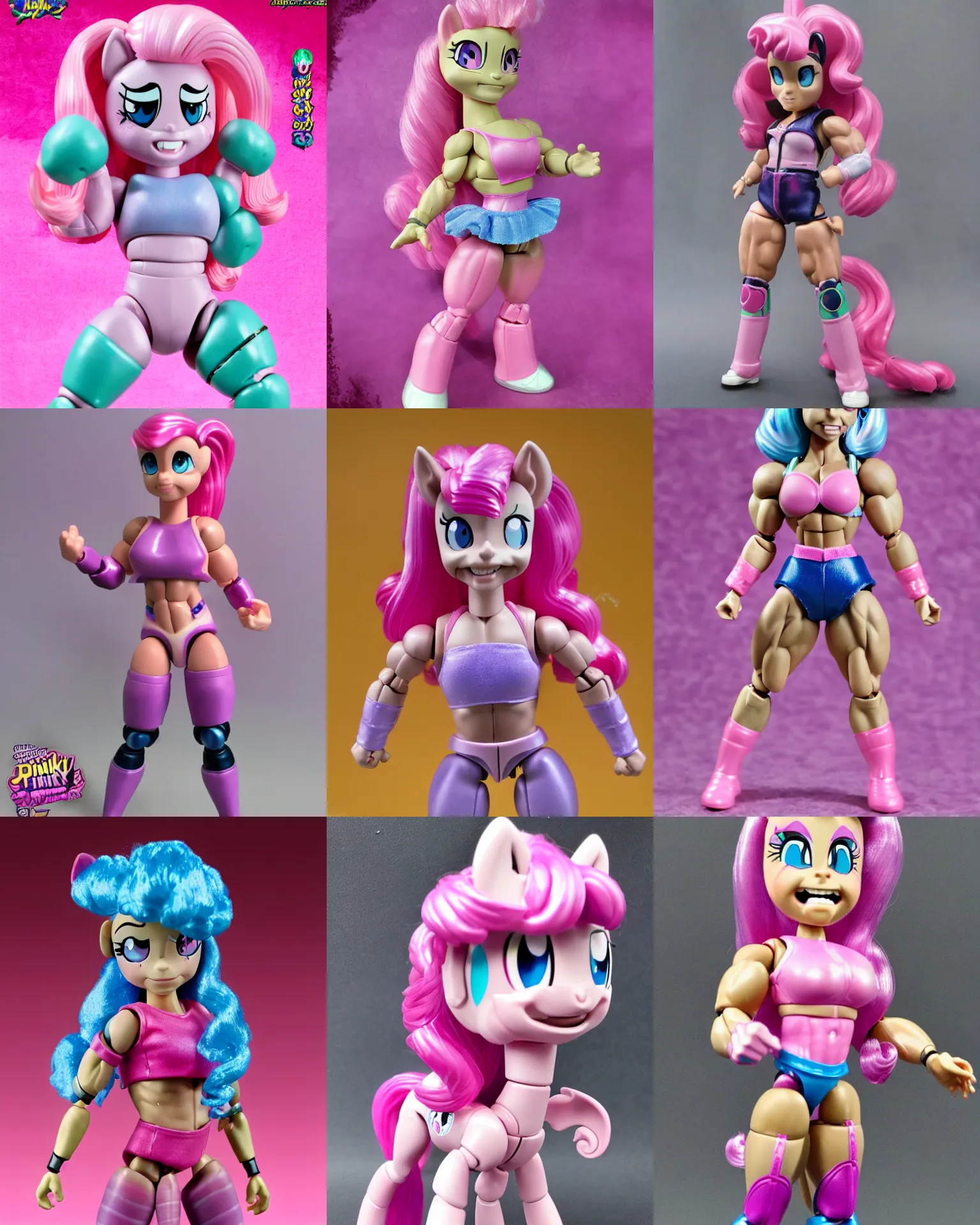 Prompt: pinky pie my little pony, neca!!! powerlifter oversized muscular action figure by neca face close up full body in the style of neca, character by neca, film still, bokehs