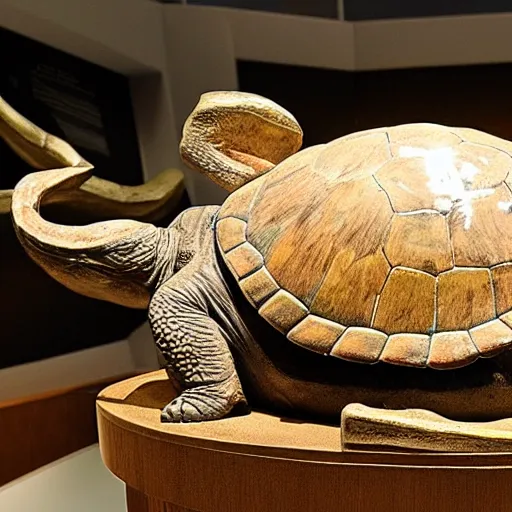 Prompt: medium-shot model of turtle A'Tuin with four elephants and world map on its shell in the museum,