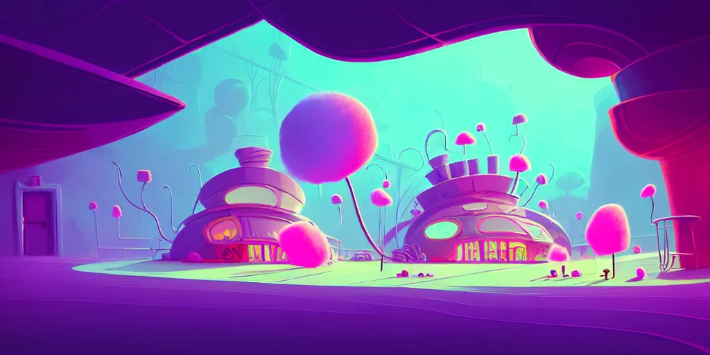 Image similar to minimalistic extreme wide angle curved perspective digital art of sss chubby cotton candy indoor casino with plants by anton fadeev from nightmare before christmas
