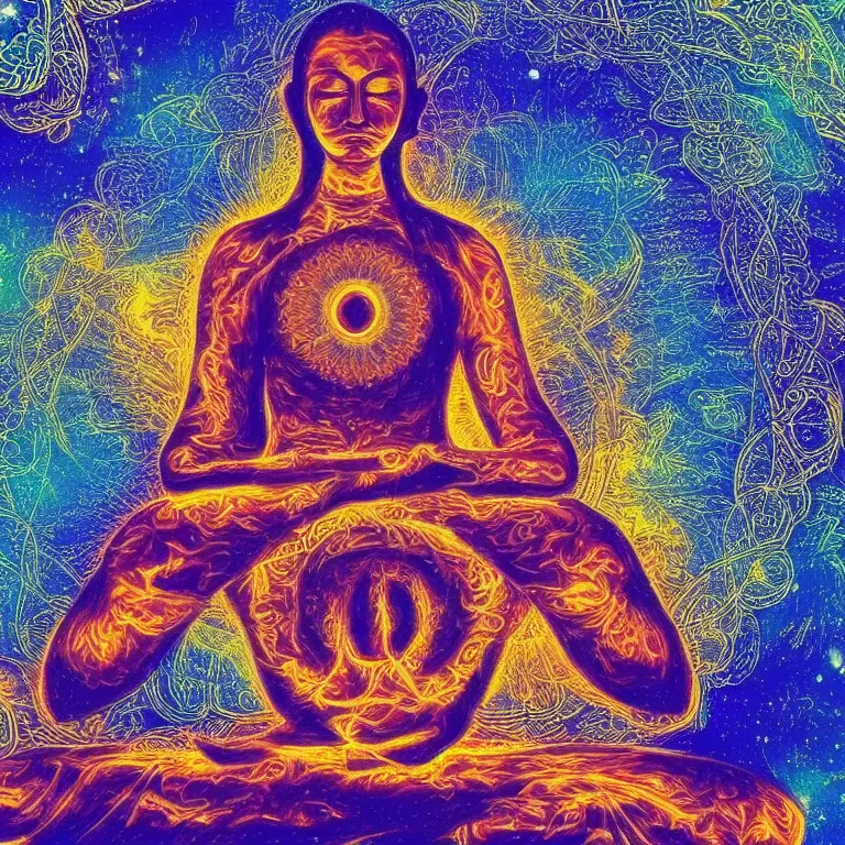 Image similar to human meditating supreme peace immense knowledge infinite color dmt art blue black gold love