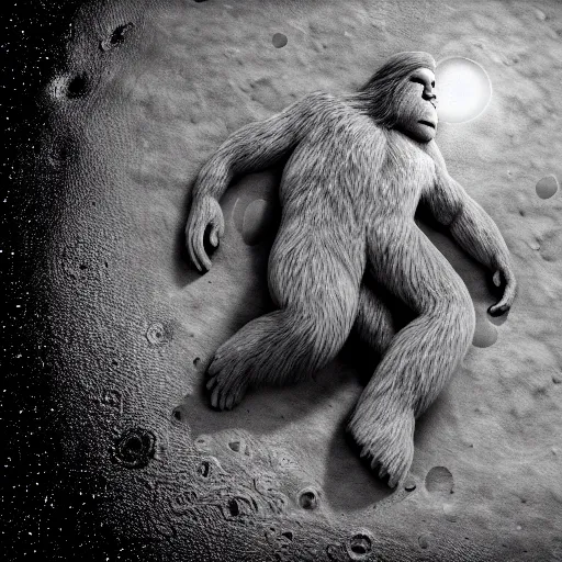 Prompt: Bigfoot sleeping on the moon, beautiful lighting,,digital art , highly detailed , high contrast, beautiful lighting, award winning , trending on art station, 8k, photo realistic,unreal engine 5