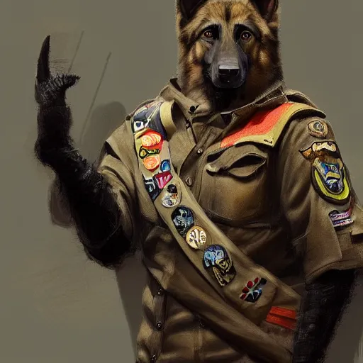 Image similar to a humanoid german shepherd beast - man posing as a eagle scout, highly detailed, digital painting, artstation, concept art, smooth, sharp focus, illustration, art by wlop