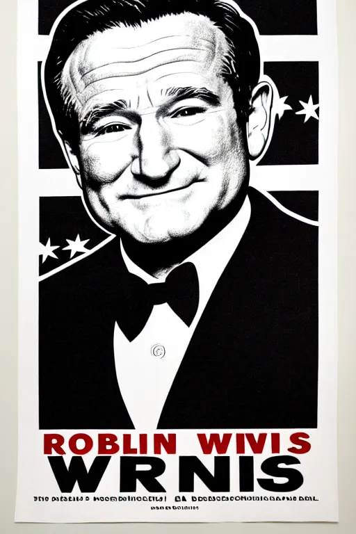 Prompt: Robin Williams presidential campaign poster, realistic, distressed paper, 8k high definition, intricate, elegant, in the style of James Montgomery Flagg