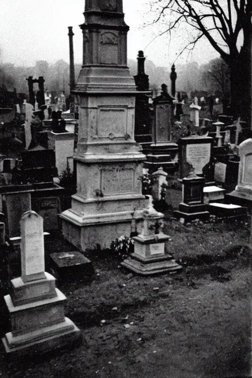 Image similar to Kodak T-MAX 3200 photo of creepy cemetery, 1910s paris, crow, scary, horror, dark mood