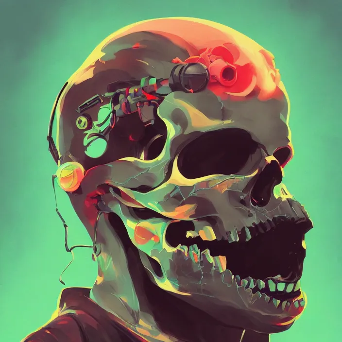 Image similar to a colorful comic noir illustration painting of a cyberpunk skull by sachin teng and sergey kolesov and artgerm and pascal blanche. in style of digital art, symmetry, sci fi, hyper detailed. octane render. trending on artstation