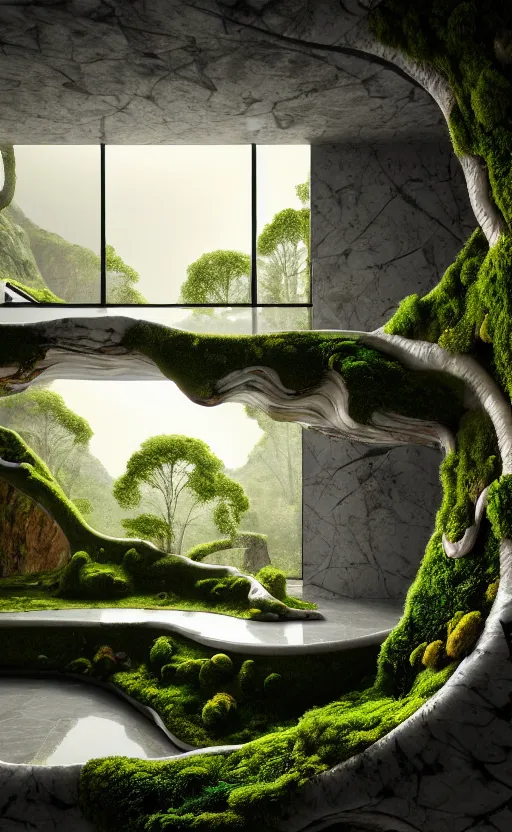 Image similar to highly detailed villa natural beautiful light interior soft cinematic composition of a smooth ceramic porcelain biomorphic magnolia stone nebula fluid sci - fi surreal architecture landscape, furniture, granite, trees, marble, moss, lichen, fungi, vincent callebaut composition, mamou - mani, archviz, 8 k, unreal engine, hdr