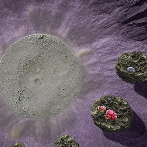 Prompt: a landscape on the moon with many craters, barren moon landscape, in a big crater at the center there is a beautiful flowering garden, 8 k, bokeh, lowbrow in the style of martin johnson heade and daniel merriam and roger dean,