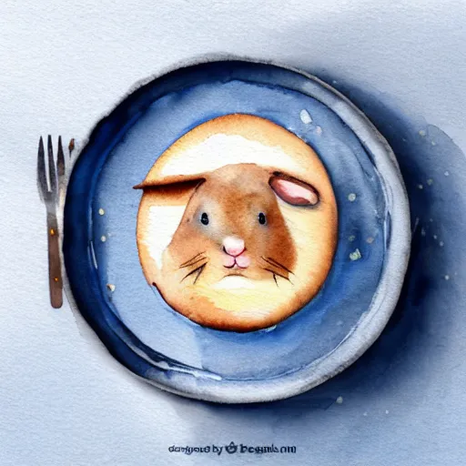 Image similar to a rabbit baking a chocolate cake, realistic watercolour