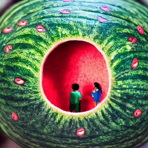 Prompt: macro photo of a miniature secret hidden world with tiny buildings and people inside of a hollowed out watermelon