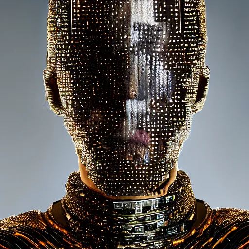 Prompt: a portrait of a beautiful young male wearing an alexander mcqueen armor made of computer circuits , photographed by andrew thomas huang, artistic