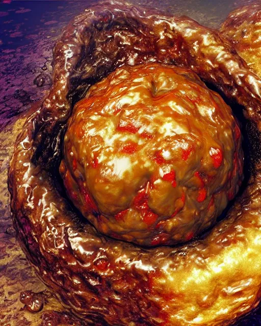 Image similar to Gooey Oily, Gross and Disgusting stunning orbiting Giant fleshy meatball with a tongue sticking out of its mouth. 4D render, soft render, hairy meatball, surreal food by Greg Rutkowsi and Stefan Koidl, artstation