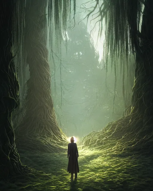 Image similar to highly detailed surreal vfx portrait of a cursed object in a shadowy forest by a willow tree, stephen bliss, unreal engine, greg rutkowski, loish, rhads, beeple, makoto shinkai and lois van baarle, ilya kuvshinov, rossdraws, tom bagshaw, alphonse mucha, global illumination, detailed and intricate environment