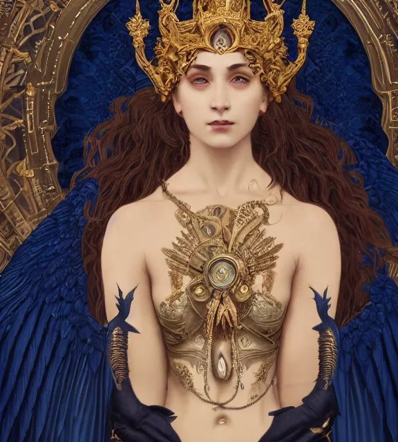 Prompt: god of death, in the underworld, elegant dark blue dress, very detailed, throne, very intricate details, jewelry, gold line tattoos, elaborate long hairstyle, wings, cinematic, artstation, william bouguereau, alphonse mucha, greg rutkowski, rossdraws, octane render