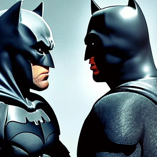 Prompt: A still of Ben Affleck's Batman meeting Michael Keaton's Batman, 4k, photograph, ultra realistic, highly detailed, studio lighting