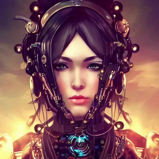 Image similar to beautiful half human half steampunk cyborg portrait, steampunk, extremely detailed, lush, gears, pretty, cinematic lighting, epic, intense, long hair, brown eyes, cool, anime,