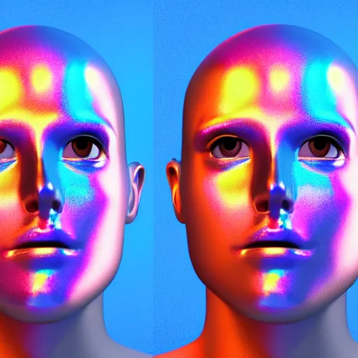 Image similar to 3d render of holographic human robotic head made of glossy iridescent, surrealistic 3d illustration of a human face non-binary, non binary model, 3d model human, cryengine, made of holographic texture, holographic material, holographic rainbow, concept of cyborg and artificial intelligence