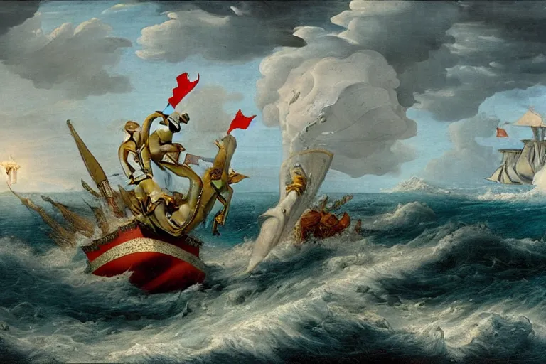 Image similar to A sea monster attacks a ship, Hans Savery the Elder (1626), oil on canvas, detailed brushstrokes