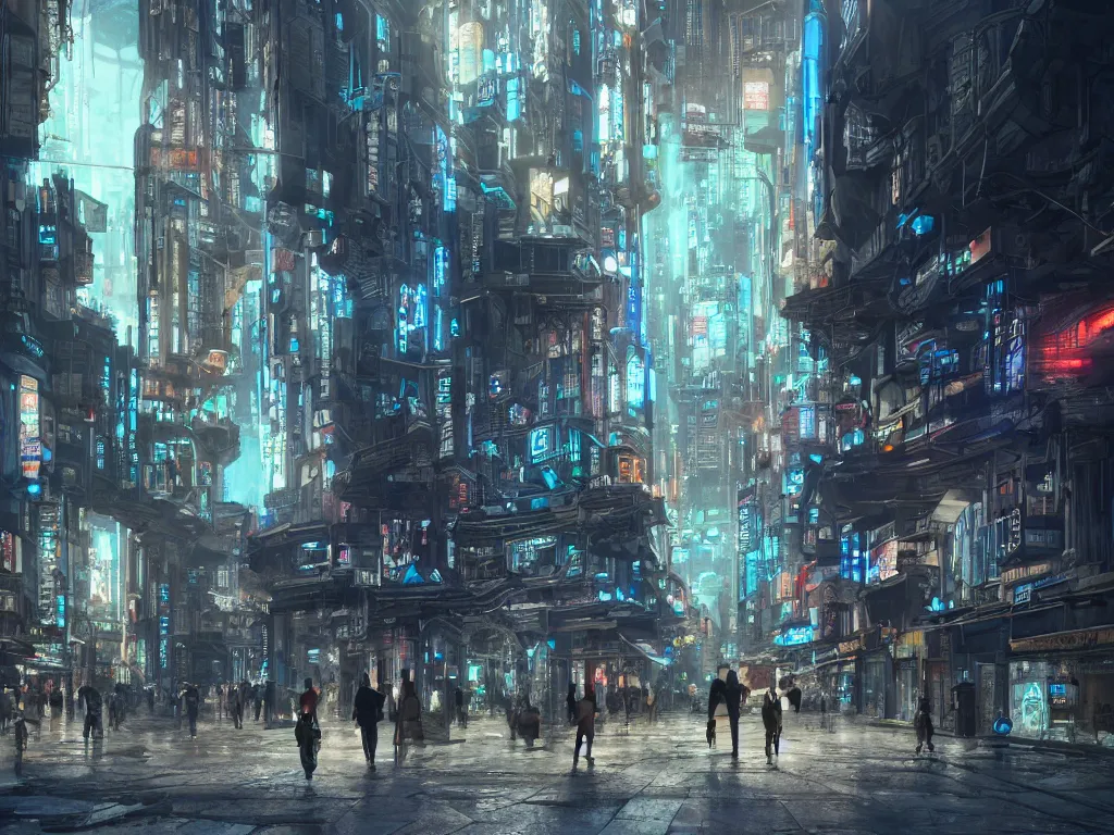 Prompt: travelers walking through the remnants of a dystopian city, classical architecture, technological lights, screens, cyberpunk style, 8 k resolution, by hugh ferris and john smith and noriyoshi ohrai, polished, fine detail, intricate, blue color scheme, cyberpunk style, smooth, octane, concept art, trending on artstation