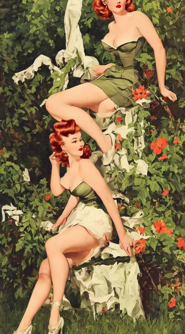 Prompt: a portrait one full body pin up post war dressing a military unioform,garden backgound Gil Elvgren style