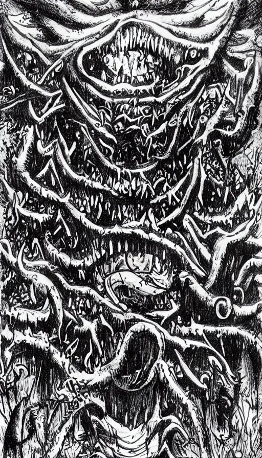 Prompt: a storm vortex made of many demonic eyes and teeth over a forest, by ed roth