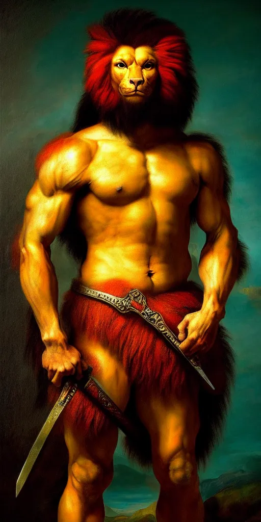 Prompt: oversized muscular lion barbarian hunter full human body in portrait powerful pose , red explosion in cyan background , very textured detailed oil painting by rembrandt , hard backlight , in dark cave