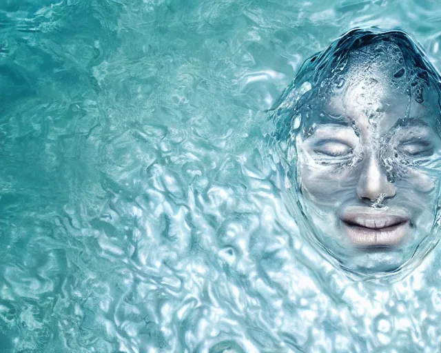 Image similar to water art manipulation of a surreal human head with open eyes burried in the ocean, shot from above, hyper realistic, ray tracing, realistic water, sharp focus, 8 k resolution, cinematic