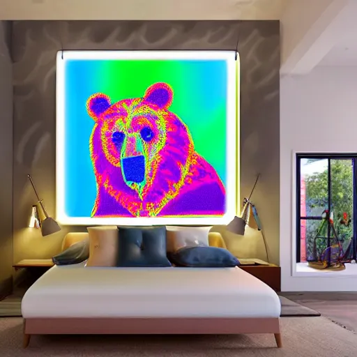 Image similar to neon art mural with portrait and a bear