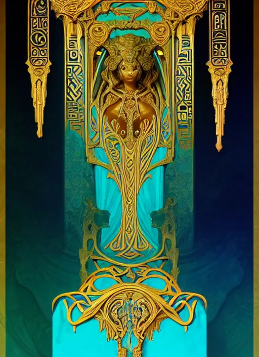 Prompt: ornate sacred sarcophagus, art nouveau hieroglyphics, cyan and gold palette, symmetry, fantasy, intricate, elegant, highly detailed, colorful, dark colors, dramatic shadow, digital painting, artstation, concept art, art by artgerm and greg rutkowski and ruan jia,