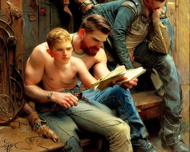 Image similar to stephen amell comforting chris evans, painting by gaston bussiere, craig mullins, j. c. leyendecker