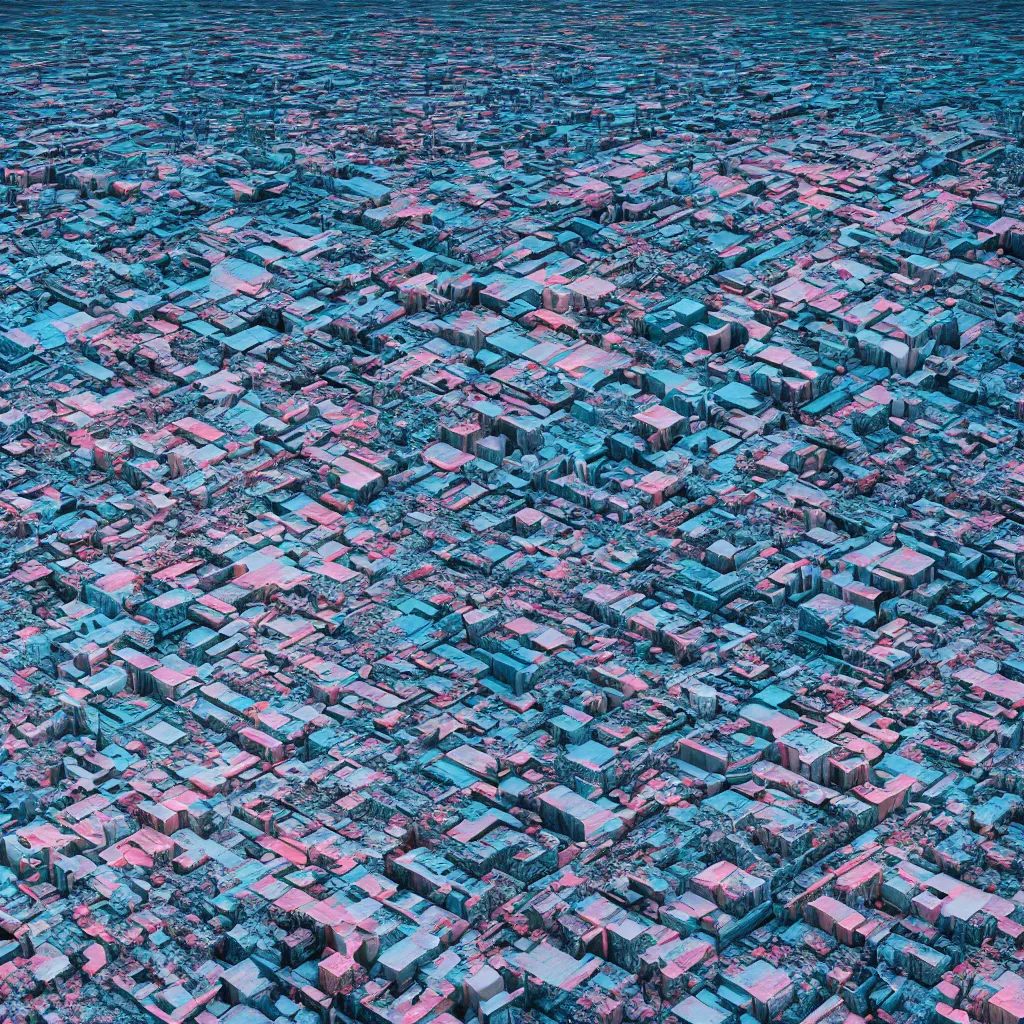 Prompt: aerial high resolution!! photography of a landscape filled with a disrupted architectures, vibrant and iridescent, highly ornated, sky is not visible, 8K, Octane Render, cinematic, state of the art, photorealistic lights, random scheme color