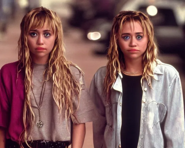 Image similar to miley cyrus as mary kate and ashley olsen in two of a kind, 2001, cdx