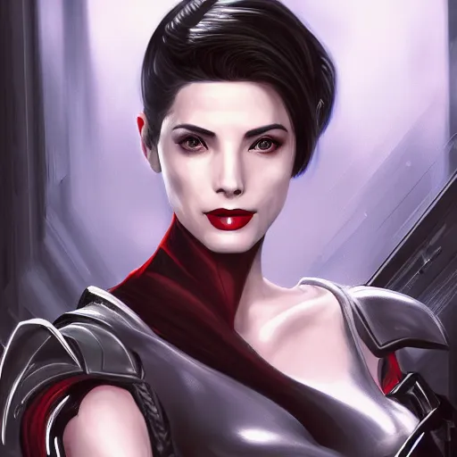 Image similar to A combination of Ada Wong's and Grace Kelly's and Ashley Greene's appearances wearing Warframe armor, high tech, action shot, angular, full body portrait, futuristic, dramatic, fantasy, intricate, elegant, highly detailed, digital painting, artstation, concept art, matte, sharp focus, illustration, 8K, art by Donato Giancola and James Gurney