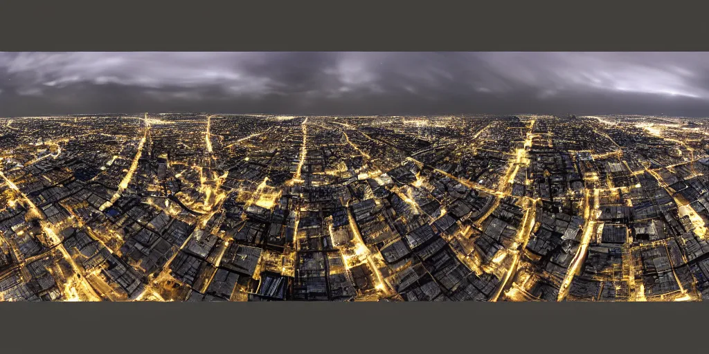 Image similar to a big industrial city metropoli in the distance, cloudy dark sky, it's late at night the moon and the milky way shine, equirectaln, equirectangular