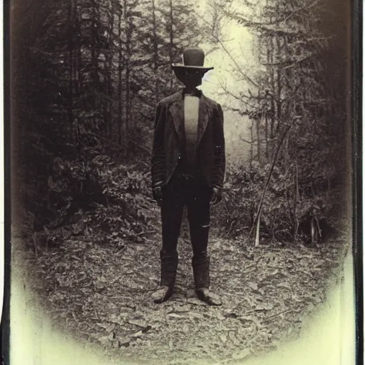 Prompt: slender dark ominous figure standing in the woods, dark, creepy, 1910 Polaroid photograph