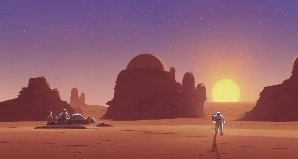 Prompt: beautiful wide shot tatooine landscape, obi wan kenobi and Luke skywalker in land-speeder, Star Wars a new hope 1977, studio ghibli, Miyazaki, Greg rutkowski, Alphonse mucha, Moebius , animation, golden hour, highly detailed, hdr, vivid color, 70mm