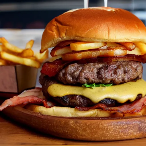 Image similar to big stack burger with bacon and fries