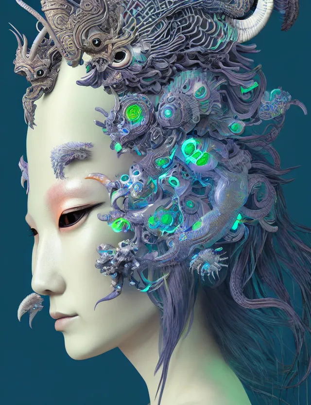 Image similar to 3 d goddess close - up profile solarpunk portrait ram skull. beautiful intricately detailed japanese crow kitsune mask and clasical japanese kimono. betta fish, jellyfish phoenix, bio luminescent, plasma, ice, water, wind, creature, artwork by tooth wu and wlop and beeple and greg rutkowski