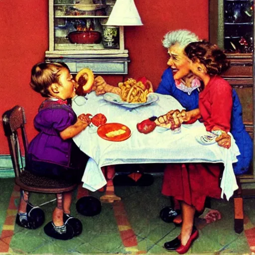 Image similar to hyper realistic hight detailed grandmother with a big mouth eating babies on the table in the russian kitchen, style by norman rockwell, bright colors, 4 k, 1 6 k, 3 2 k