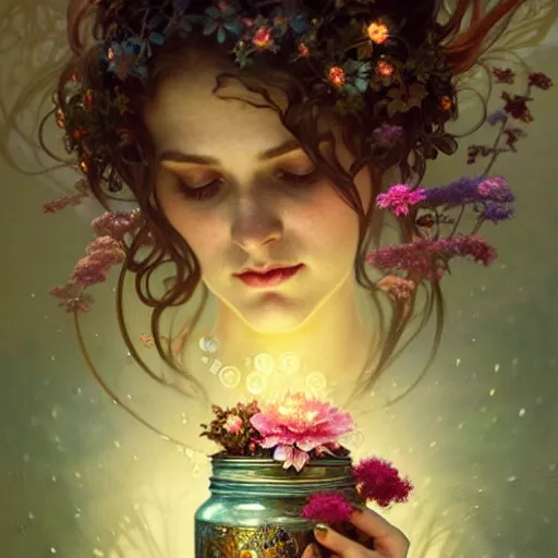 Image similar to A woman holding an enchanted jar full of magic flowers surrounded by fairies, fairy tale, face, fantasy, intricate, elegant, highly detailed, digital painting, artstation, concept art, smooth, sharp focus, illustration, art by Krenz Cushart and Artem Demura and alphonse mucha