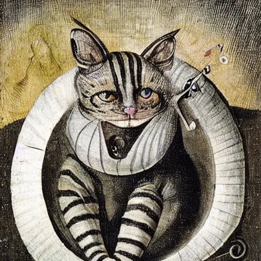 Prompt: stunning portrait of the purple striped cat of cheshire with a malicious smile by hieronymus bosch