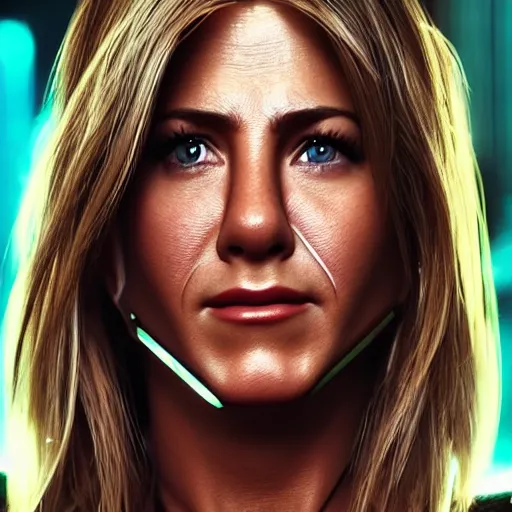 Image similar to jennifer aniston portrait, Cyberpunk 2077, photorealistic, ultra detailed, cybernetic eye, neon, octane, bokeh, 8k