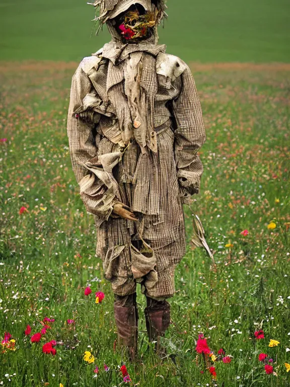 Image similar to human-like scarecrow wearing torn military clothes in beautiful meadow of flowers, ww1 photo, grainy, high detail, high resolution,