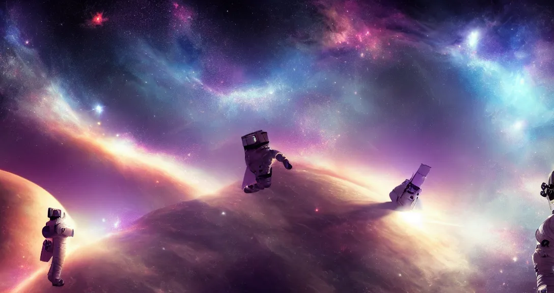 Prompt: two astronauts in space, nebula, milky way on the middle, planets blur on the background, ethereal, romantic, galaxy, concept art, artstation, digital art, intricate details,