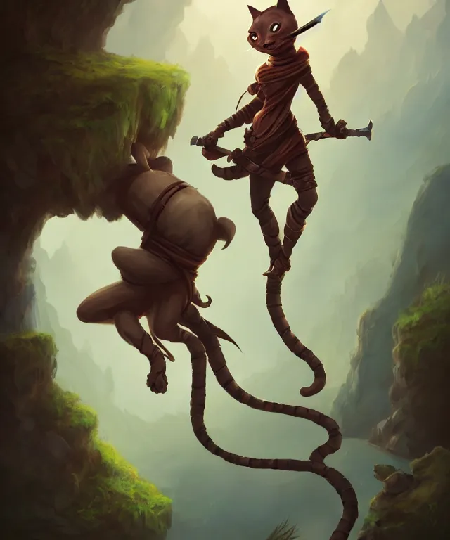 Image similar to anthropomorphic cat ninja, ninja outfit, standing in a beautiful landscape, cute and adorable, dnd character art portrait, matte fantasy painting, deviantart artstation, by jason felix by steve argyle by tyler jacobson by peter mohrbacher, cinematic lighting